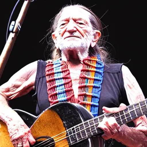 Image similar to willie nelson on stage, four fingers holding a guitar. god rays through fog.