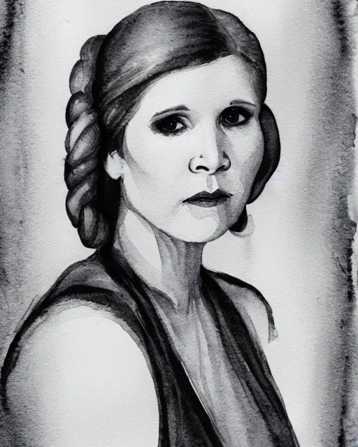 Prompt: a monochrome watercolor portrait of carrie fisher