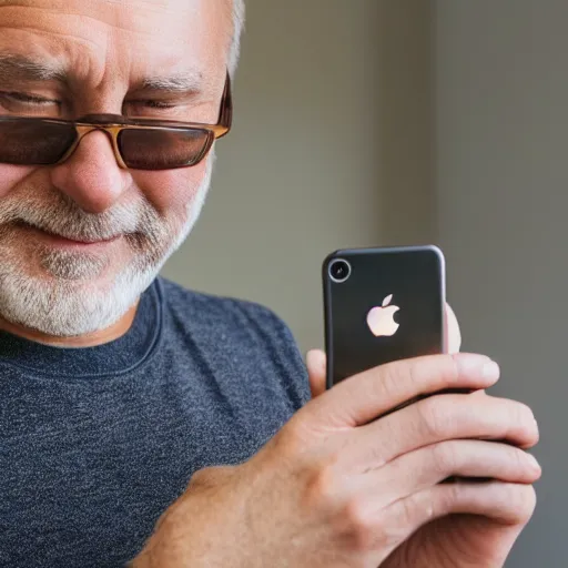 Prompt: a photo of a middle aged man that is in love with his iphone, cinematic, hyper realistic, ultra detailed, realistic materials, 8 k