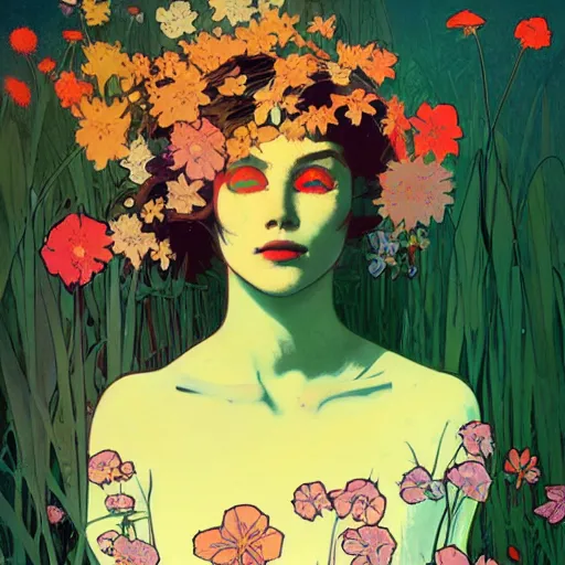 Image similar to a beautiful painting of a girl in a field of flowers by andy warhol and conrad roset and alphonse mucha and nekro and greg rutkowski. colorful comic, film noirs, symmetry, sharp lines, hyper detailed. octane render. trending on artstation