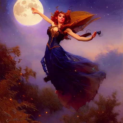 Image similar to attractive witch magically flying trough the night, fantasy, full moon in background. highly detailed painting by gaston bussiere, craig mullins, j. c. leyendecker 8 k