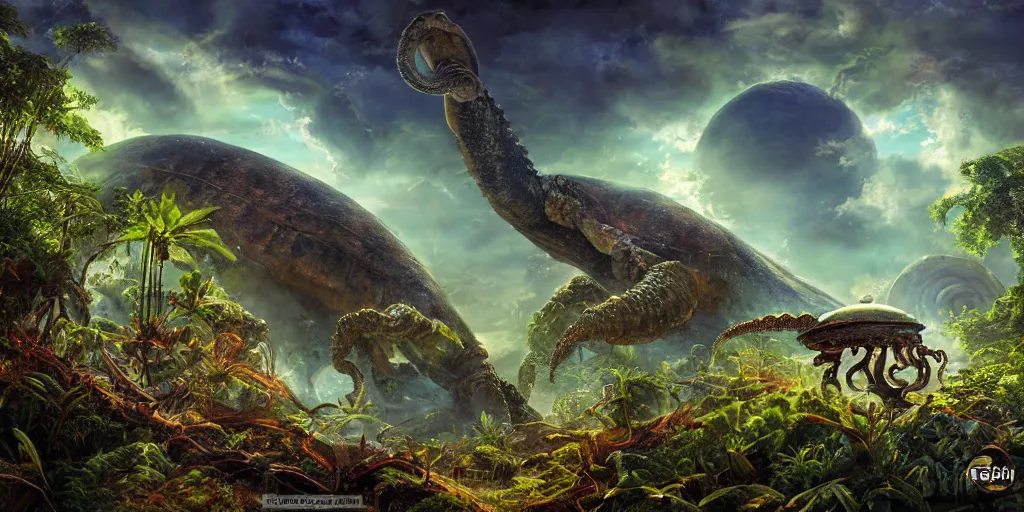 Image similar to fantasy oil painting, alien spacecraft, outer worlds, great leviathan, turtle cephalopod terrapin reptilian pachyderm amphibian hybrid, rainforest mountains, lush plants flowers, epic natural light, bright clouds, luminous sky, bright cinematic key lighting, michael cheval, michael whelan, vray, 8 k hd