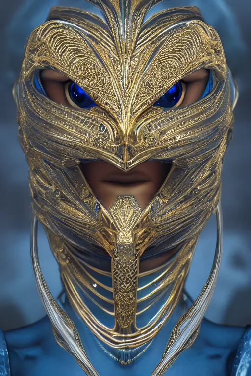 Prompt: symmetric hyper realistic elegant alien portrait, blue metallic skin, jewelry intricate details, unreal engine5, octane, with a gold filigree mask