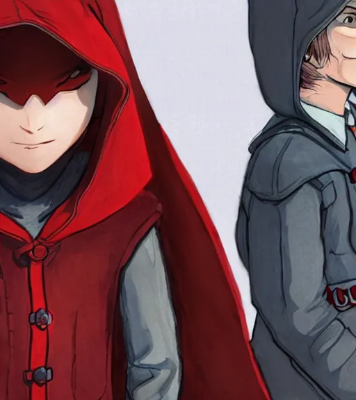 Prompt: attractive little boy character inspired in little red riding hood and batman, digital artwork made by akihiko yoshida and makoto shinkai, anatomically correct, symmetrical