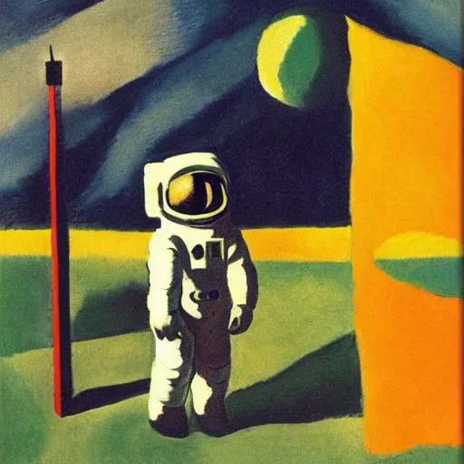 Prompt: A beautiful conceptual art of astronaut standing on a planet with a flag in the background. by August Macke soft, dull