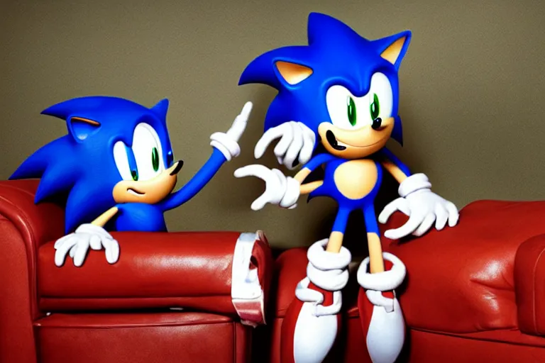 Image similar to sonic the hedgehog sitting on a leather couch, sultry photoshoot, shot by terry richardson