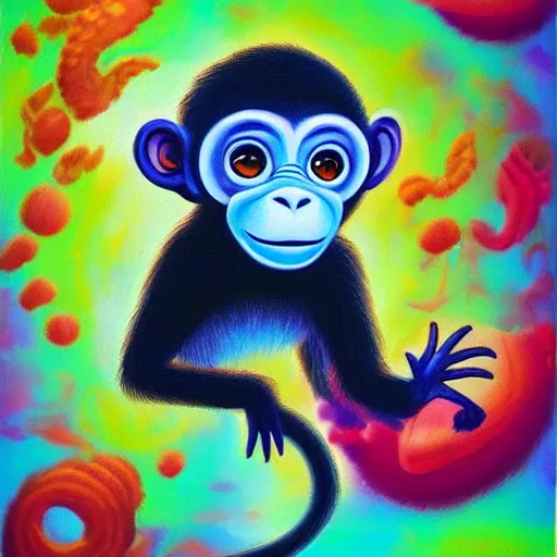 Image similar to excited young monkey underwater, sparkly, colorful, oil painting