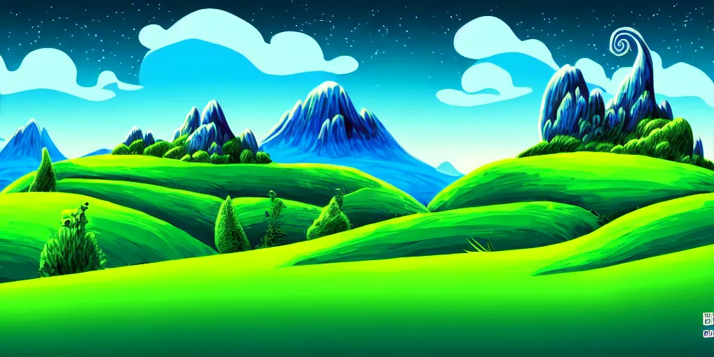 Prompt: blue night cartoon cartoon concept art, grass mountain landscape, from sam and max, black blue green, spiral lines