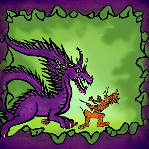 Image similar to purple dragon taming a gnome, fantasy illustration