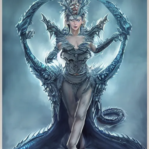 Image similar to portrait of the dragon queen by artgerm, Dragon in dragon lair, HD, full body dragon concept, flying dragon, Human body with dragon features, beautiful queen, perfect face, fantasy, intricate, elegant, highly detailed, digital painting, artstation, concept art, smooth, sharp focus, illustration, ray tracing, 4k realistic 3d rendered portrait, soft shading, soft colors, relaxed colors, hyperdetailed, wide angle lens, fantasy, futuristic horror, armor style of giger