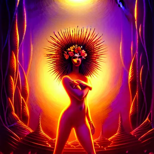 Image similar to Beautiful 3d render of the flower queen in a sensual pose, atmospheric lighting, painted, intricate, volumetric lighting, beautiful, rich deep colors masterpiece, golden hour, sharp focus, ultra detailed, in the style of Dan Mumford and Johfra Bosschart, with a crowded futuristic cyberpunk city in the background, astrophotography