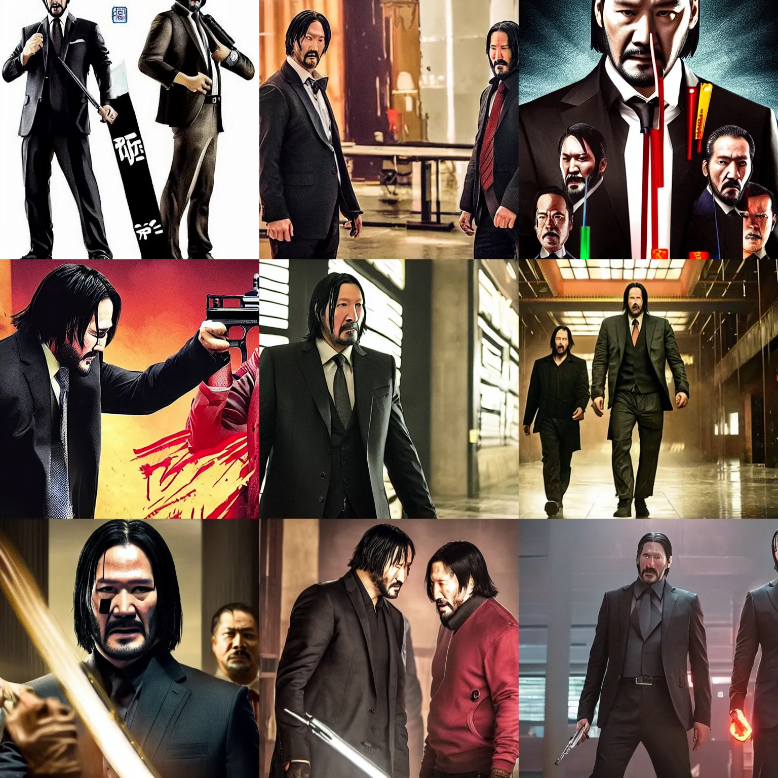 Prompt: wu jing, john wick, fighting together