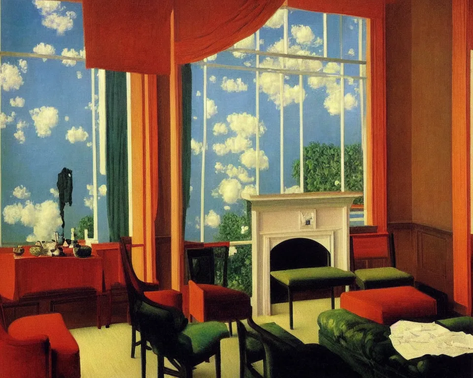 Image similar to achingly beautiful painting of a sophisticated, well - decorated, modern parlor by rene magritte, monet, and turner.