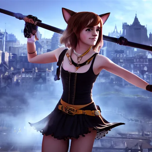 Prompt: emma watson dressed as a catgirl. artstation. 3 d. fantasy city square. highly accurate lines. dynamic lighting. 4 k. genshin impact screenshot