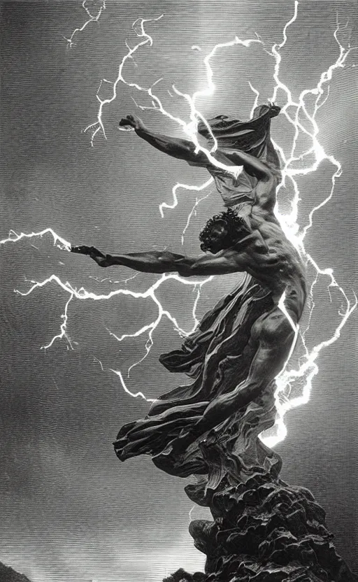 Prompt: lightning bolt black marble sculpture by gustave dore