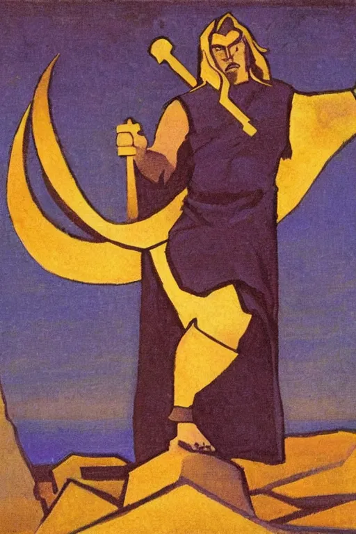 Image similar to thor with mjollnir, marvel, artwork by nicholas roerich,