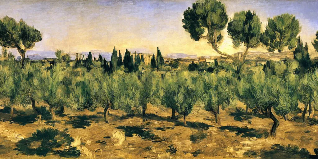 Prompt: flourishing blooming garden full of olive trees in italy, painting by manet, matte painting, canvas, 4 k, 8 k, high detail, golden hour, sunset, epic light, shadows, contrast,