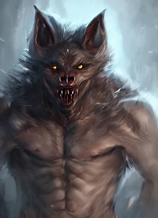 Image similar to detailed beautiful cool male character art depicting a creepy werewolf monster, concept art, depth of field, on amino, by sakimichan patreon, wlop, weibo, bcy. net, colorhub. me high quality art on artstation.