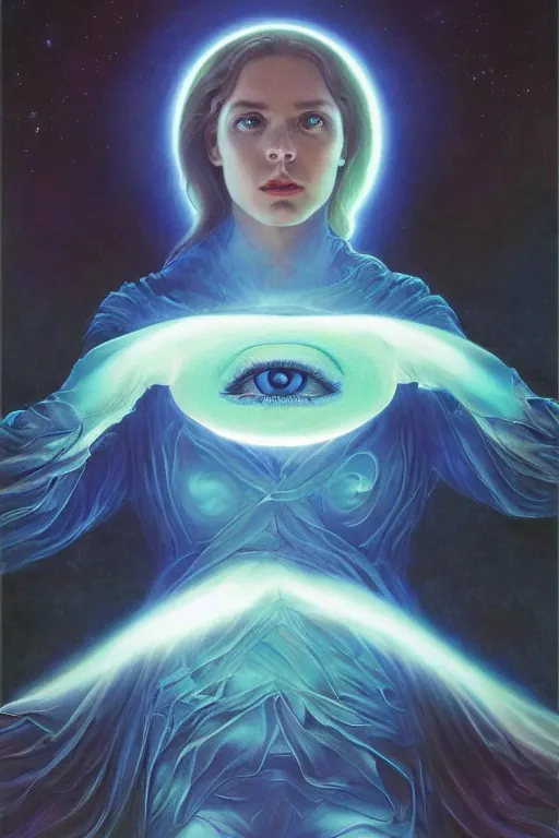 Prompt: gorgeous psychic woman, opening third eye chakra, dark theme night time, expanding electric energy waves into the ethereal realm, epic surrealism 8k oil painting, portrait, perspective, high definition, post modernist layering, by Sophie Anderson, Gerald Brom