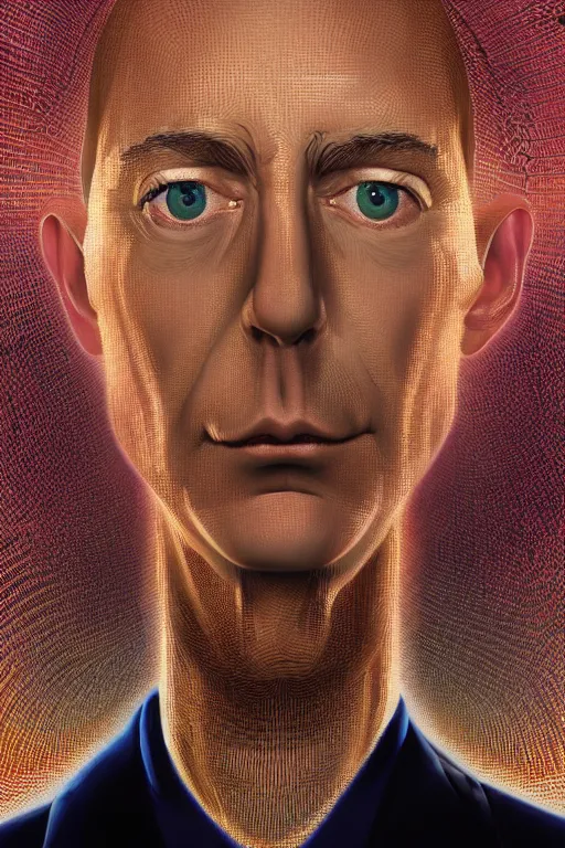 Prompt: cinematic portrait of an Emporer Jeff Bezos. Centered, uncut, unzoom, symmetry. charachter illustration. Dmt entity manifestation. Surreal render, ultra realistic, zenith view. Made by hakan hisim feat cameron gray and alex grey. Polished. Inspired by patricio clarey, heidi taillefer scifi painter glenn brown. Slightly Decorated with Sacred geometry and fractals. Extremely ornated. artstation, cgsociety, unreal engine, ray tracing, detailed illustration, hd, 4k, digital art, overdetailed art. Intricate omnious visionary concept art, shamanic arts ayahuasca trip illustration. Extremely psychedelic. Dslr, tiltshift, dof. 64megapixel. complementing colors. Remixed by lyzergium.art feat binx.ly and machine.delusions. zerg aesthetics. Trending on artstation, deviantart