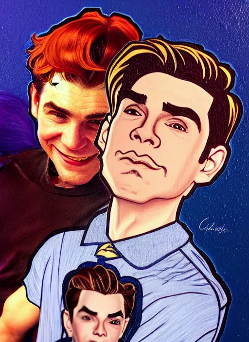 Prompt: ! dream oil portrait of archie andrews with a really small jughead jones on his shoulder, intricate, elegant, highly detailed, lighting, painting, artstation, smooth, illustration, art by greg rutowski and alphonse mucha