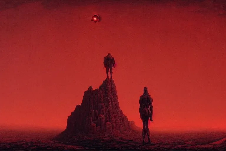 Image similar to only with red, a red god of death eat apple, a futuristic city on mars in background, an ancient path, pathos, in the style of beksinski, part by hopper, part by rodcenko, part by hofbauer, intricate composition, red by caravaggio, insanely quality, highly detailed, masterpiece, red light, artstation