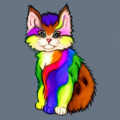 Image similar to wide angle full body, of a fluffy cute rainbow kitten wearing a black motorcycle jacket, concept art