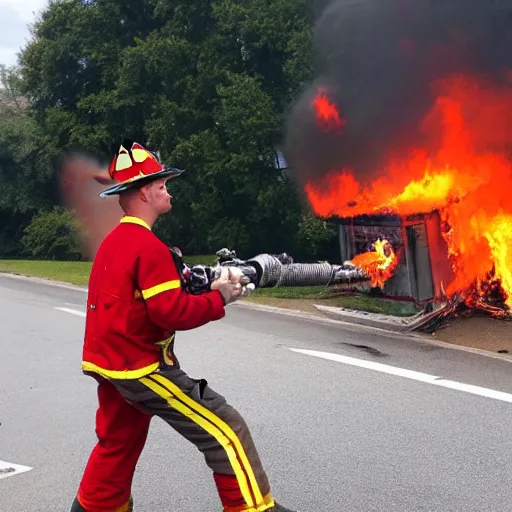 Prompt: a clown wearing firefighter clothes, using a flamethrower on a dumpster fire