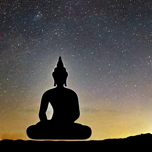 Prompt: Film still of silhouette of indian statue, sukhasana, starry sky, flying saucer, with radiating hill, full shot