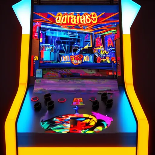 Image similar to 1990s arcade machine, octane render, unreal engine, digital art, Artstation, Trending on Artstation, Artstation HQ, Artstation HD, cgsociety, Pinterest, 8k , close up to the screen, wide angle, godrays, volumetric, reflections, cinematic, epic, creative, coherent, 3D Render,