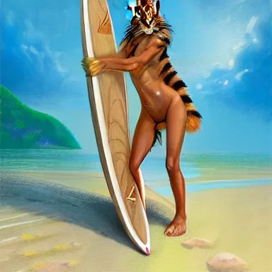 Image similar to a fantasy painting on oil of a beautiful female tiger girl tabaxi surfer girl druid catgirl leaning against a wooden surfboard on a sandy beach in the Maldives, artstation, andrei riabovitchev, nuri iyem, james gurney, james jean, greg rutkowski, highly detailed, Rossdraws, Bluesssatan, Mandy Jurgens, Stjepan Sejic