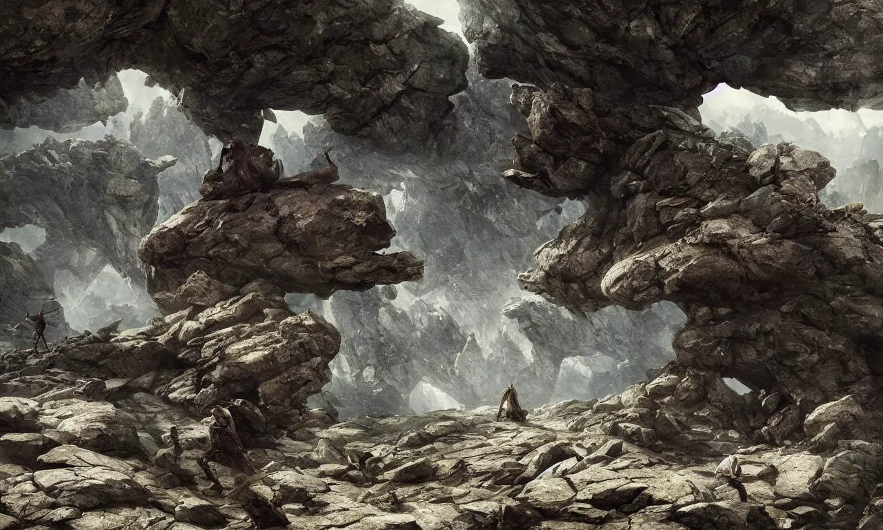 Image similar to creature made of rocks throwing rocks alpine valley. tooth wu, edward gorey, greg rutkowski, andreas achenbach, artgerm, mikko lagerstedt, zack snyder, tokujin yoshioka