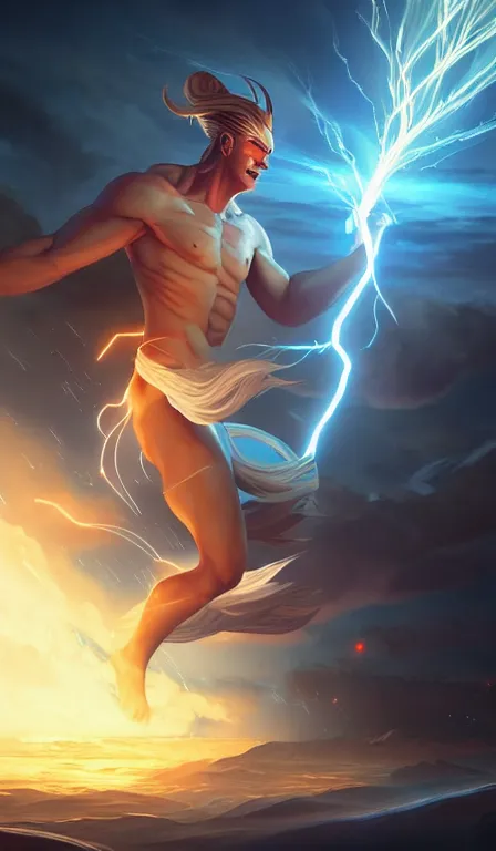 Image similar to the god zeus, lightning, action, epic, close up, sharp focus, digital art, concept art, dynamic lighting, character design by anna dittman, and rossdraws, environment design by jessica rossier