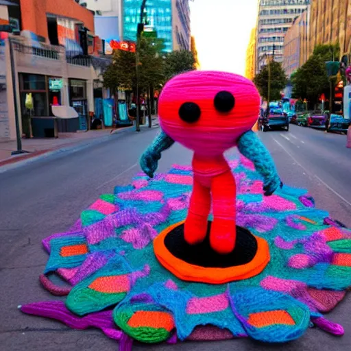 Prompt: a large monster made out of yarn is attacking the center of the city at magic hour,