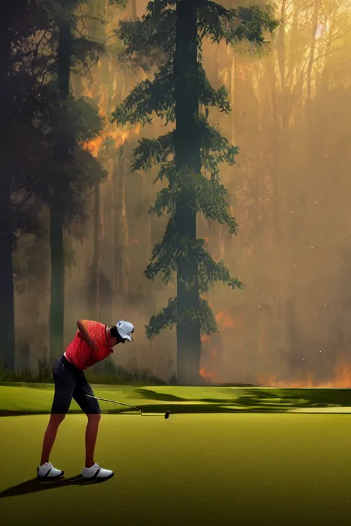 Image similar to close-up of an athletic golf player in a lush golf course with automatic watering, low angle, magical lights, golden hour, surrounded by burning forests, smoke from the fire, digital painting, cinematic, 4k, forest ray light, particles light, ilya kuvshinov, Greg Rutkowski, Beeple