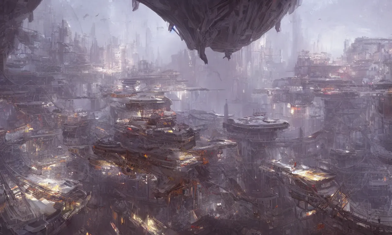 Image similar to colossal platform of white marble with a tilted part on which river flow and forest grow, the platform hangs in an empty space, view from afar, whole construction is covered by a reddish dome of an artificial atmosphere and illuminated by a compact artificial star, on the platform are cities and settlements, theo prins