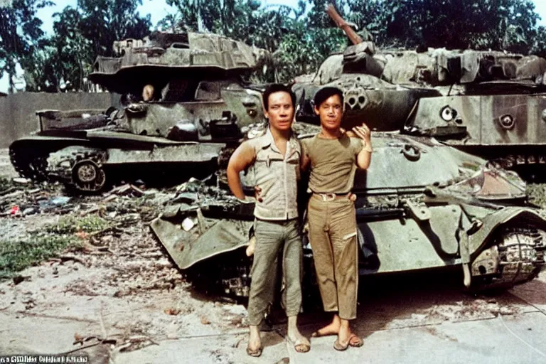 Prompt: a photo of a two mans posing in front of tank in destroyed vietnamese city, us journalism ministry photo, 1 9 6 9, color photo, fim still