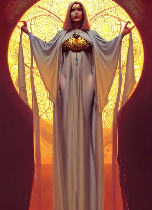 Image similar to portrait of a full body of curvy young female solarpunk priestess in byzantine robes, fantasy, flat lighting, intricate, highly detailed, digital painting, artstation, concept art, smooth, sharp focus, illustration, art by simon bisley and greg rutkowski and boris vallejo and alphonse mucha, natural tpose