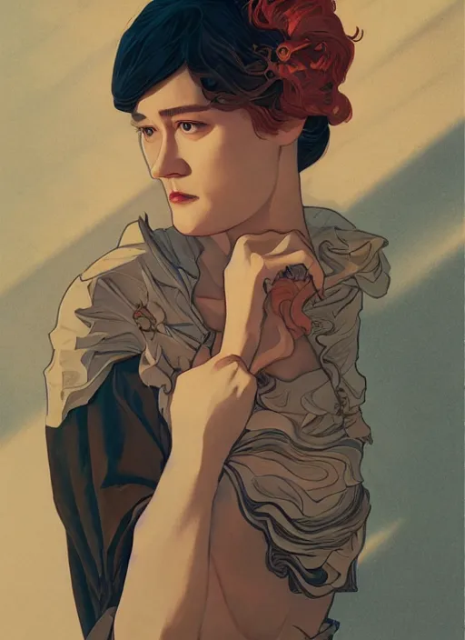 Image similar to mackenzie davis actress, mucha, hard shadows and strong rim light, art by jc leyendecker and atey ghailan and sachin teng