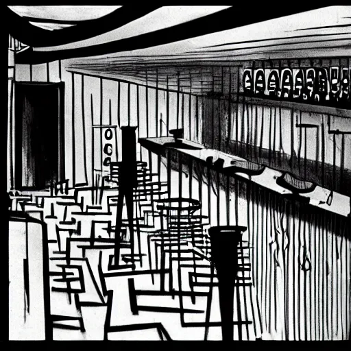 Image similar to a bar in the style of the cabinet of dr. caligari film, black and white, german expressionism, realistic