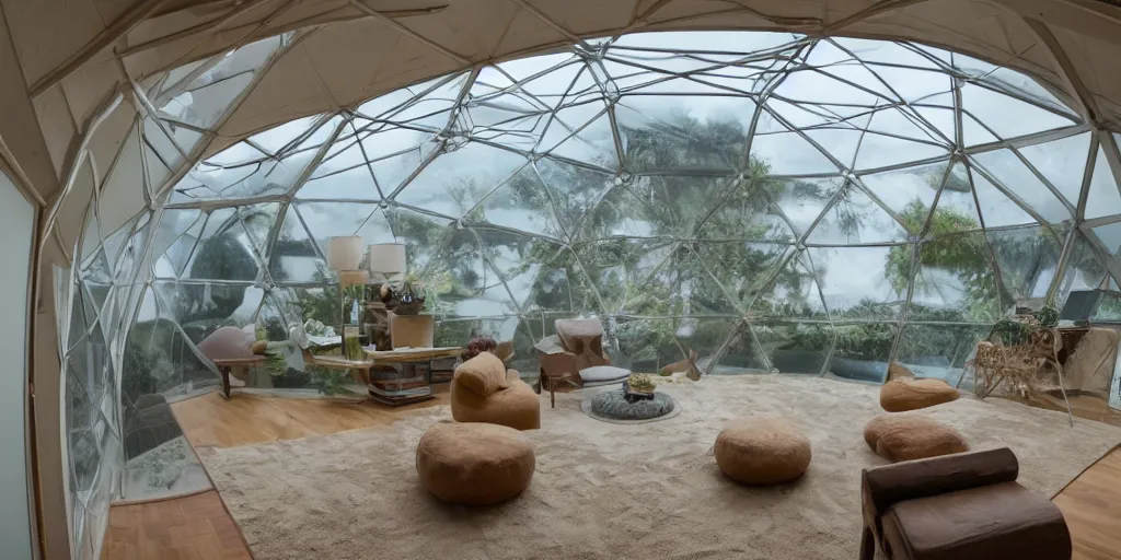 Image similar to interior of a home that is an underwater concrete geodesic dome