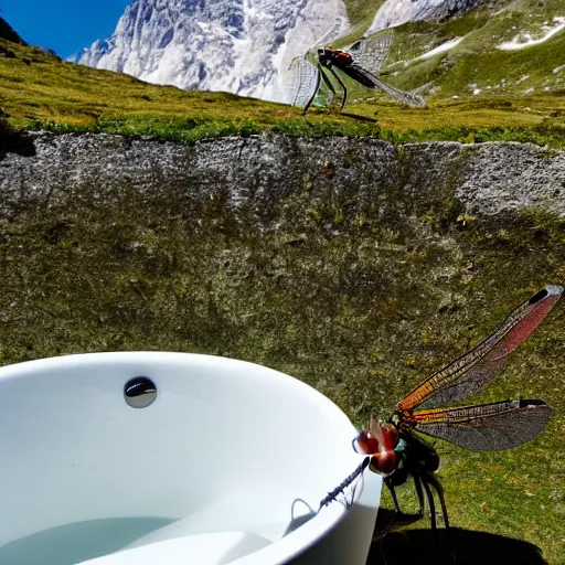 Image similar to dragonfly in a bathtub in the alps, goats in background