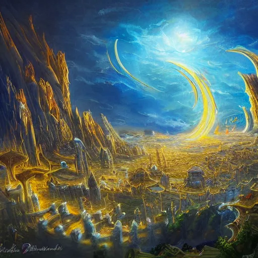 Prompt: a beautiful painting of demacia the kingdom in the sky, wide angle, vibrant color, gold, hd