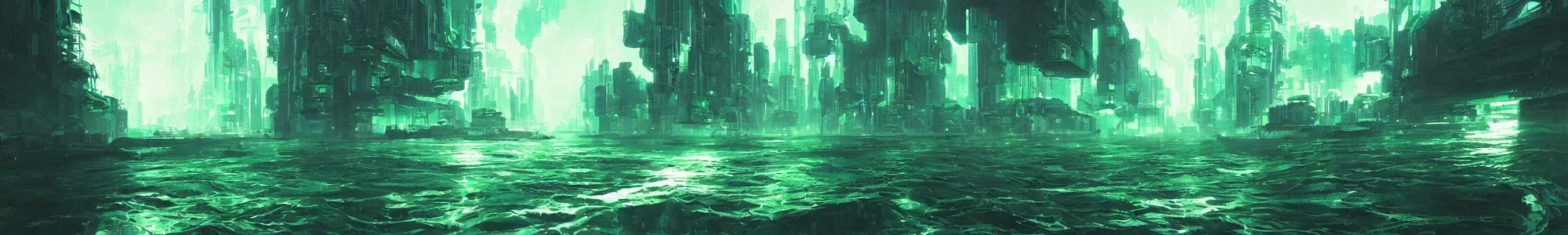 Prompt: reflective waves, cyberpunk texture, green coloring, by studio ghibli and greg rutkowski