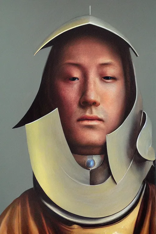 Prompt: hyperrealism oil painting, close - up portrait of face hiding in stingray medieval fashion model, knight, steel gradient mixed with nebula sky, in style of baroque mixed with 7 0 s japan book art