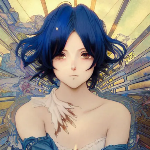 Prompt: a girl with short blue hair and blue eyes is sitting on a cloud, anime style, light effect, anime style hyper detailed, illustration, bloody, intricate, elegant, digital painting, artstation, smooth, sharp focus, art by artgerm and greg rutkowski and alphonse mucha.