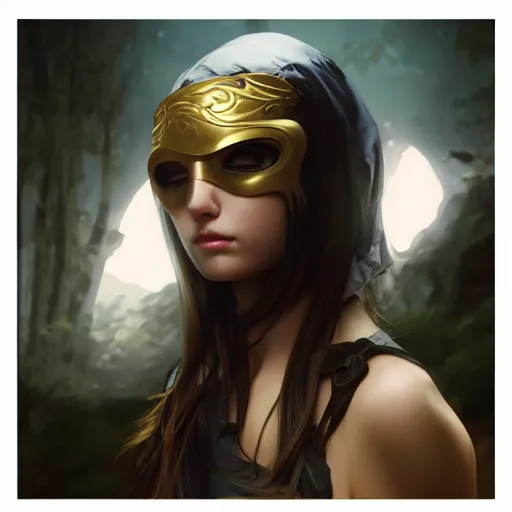 Image similar to 1 5 year old white girl with a white shirt that has one shoulder visible, wears black sports shorts and a golden mask on her face, intricate, highly detailed, digital painting, artstation, concept art, smooth, sharp focus, illustration, unreal engine 5, 8 k, art by artgerm and greg rutkowski and alphonse mucha