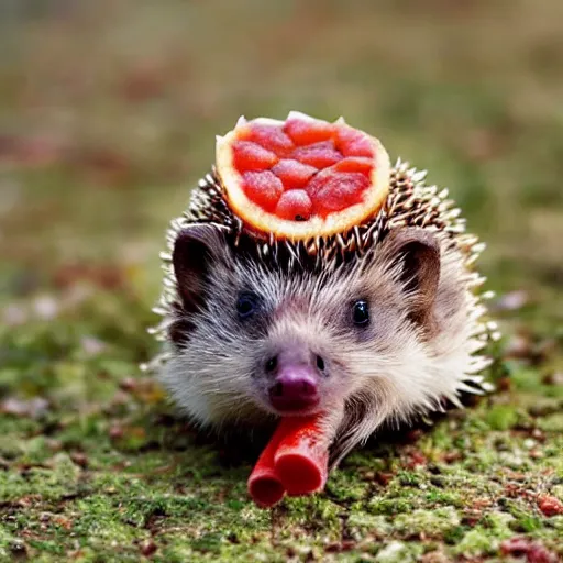 Image similar to still image of a cute hedgehog with pepperoni stuck to its back, photo