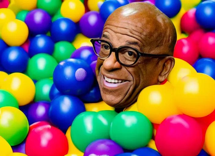 Image similar to photo still of al roker in a ball pit!!!!!!!! at age 4 6 years old 4 6 years of age!!!!!!!! hiding from parents, 8 k, 8 5 mm f 1. 8, studio lighting, rim light, right side key light