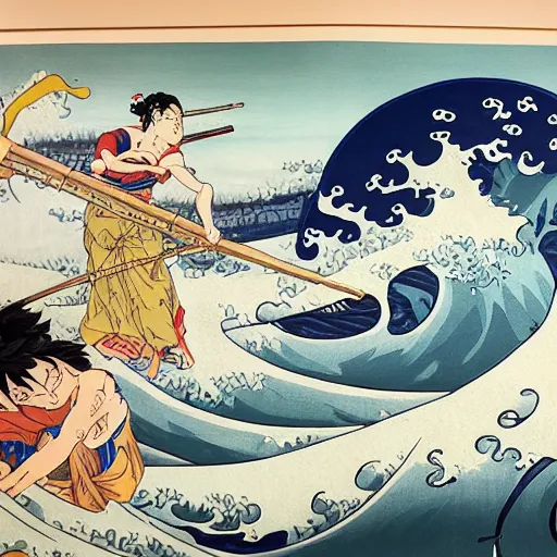 Image similar to a hokusai painting masterpiece exposed in Paris : the vogue merry ship of luffy from one piece sailing on the wave of hukusai This 4K HD image is Trending on Artstation, featured on Behance, well-rendered, extra crisp